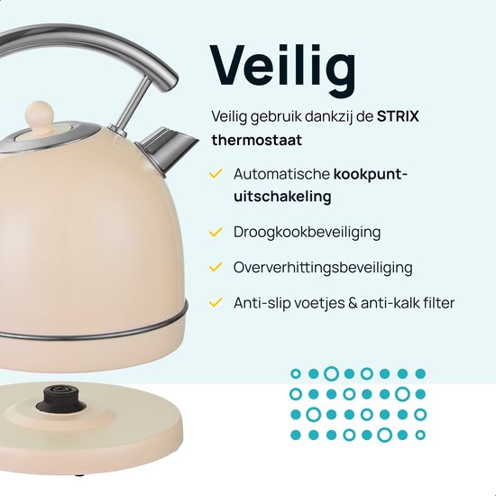 MOA Kettle Retro - 1,8 litre - Bouilloire électrique - Filtre anti-calcaire - sans BPA - acier inoxydable - 2200W - Crème