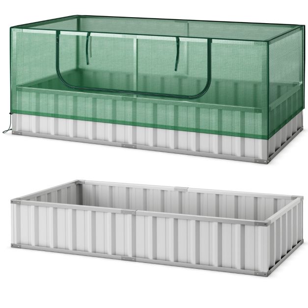 Coast Mini Greenhouse Green/Silver - Lit de jardin surélevé avec porte enroulable, gants et 8 étiquettes en T - 174 x 90 x 70 cm