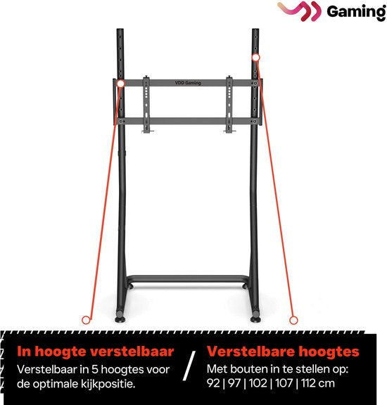 VDD Gaming - Support d'écran - Support d'écran pour simulation de course - Universel - 32" à 55" - Autoportant - Réglable - Verrouillable - 72 x 48 x 123 cm - 50 kg - Noir