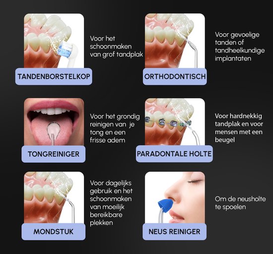 Hydropulseur Dentect - Douche nasale - Douche buccale - Nettoyeur de langue - 9 modes - Éliminateur de plaque dentaire - Embouts supplémentaires - Nettoyage des appareils orthodontiques - Éliminateur de tartre