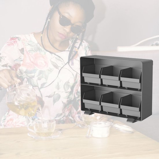 BRASQ Range-thé noir TB100 - Boîte à thé à 6 compartiments - Range-tout de cuisine - Boîte à thé - Porte-sachets de thé - Système de rangement peu encombrant