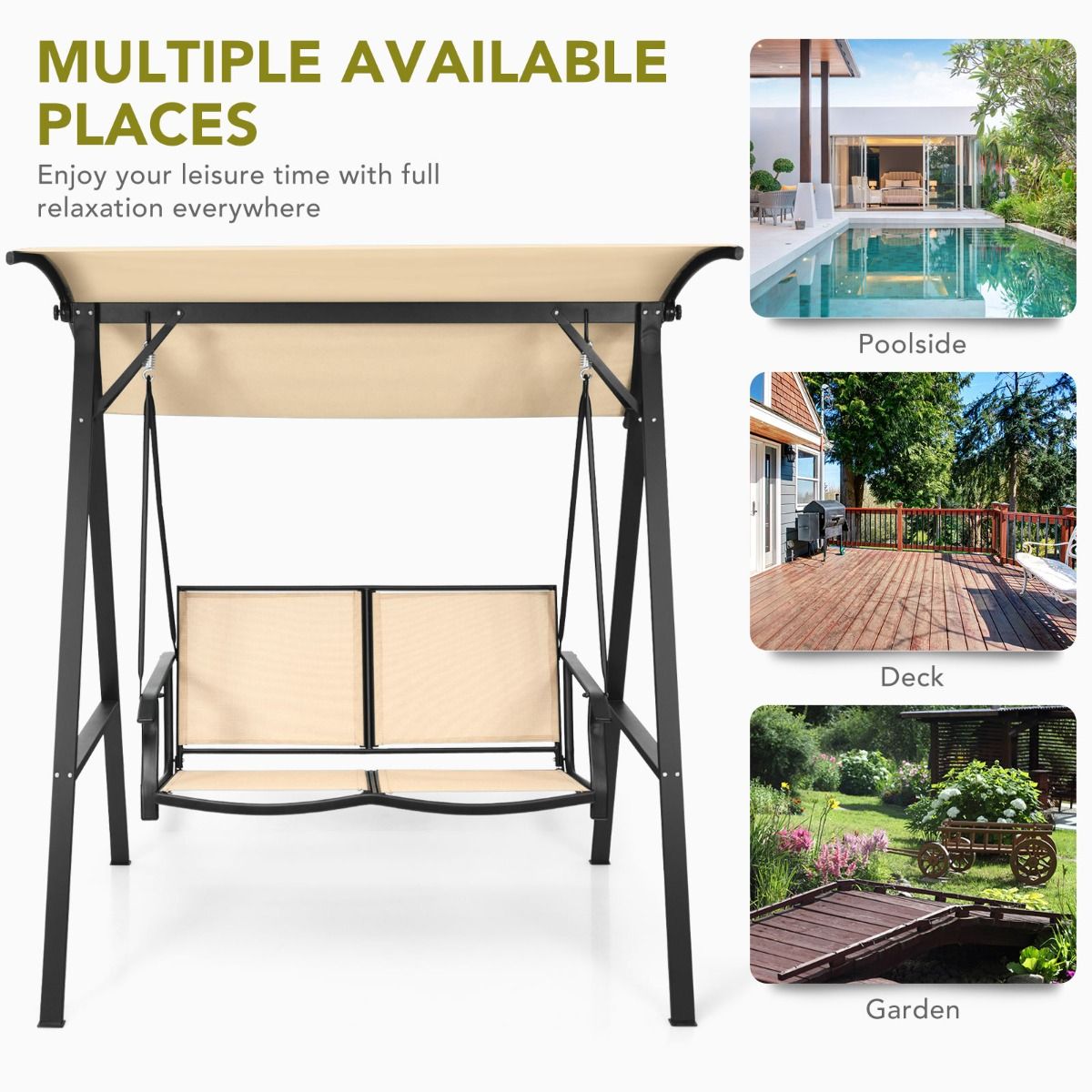 Balançoire de jardin Coast avec auvent - 2 places - Structure métallique - 152 x 112 x 165 cm - Beige