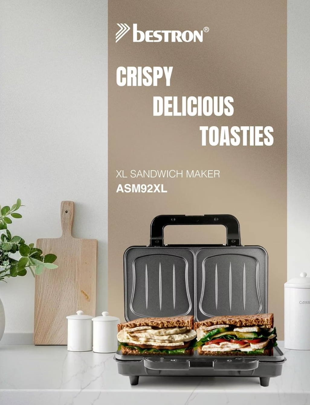 Appareil à croque-monsieur Bestron XL ASM92XLSS  - 900 W - 26 x 31 x 12 cm - Beige