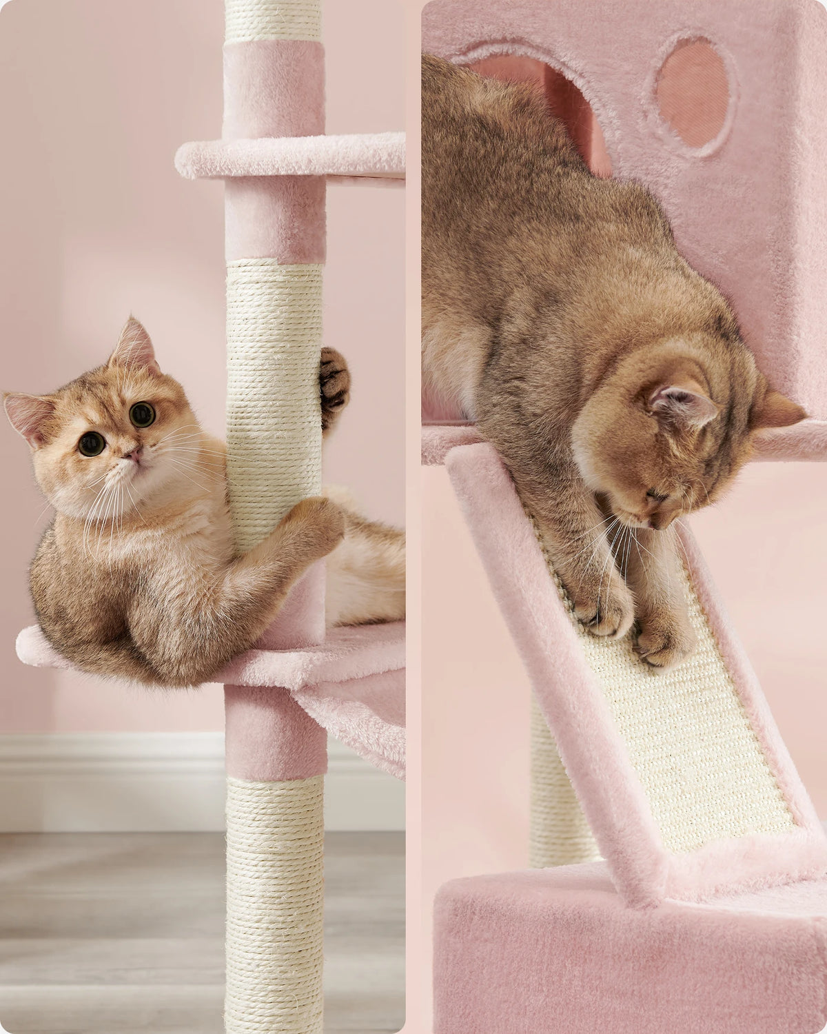 Joyfurnos Arbre à chat 206 cm - Tour pour chat XXL avec 13 poteaux à griffer, 2 maisonnettes et un hamac - Rose