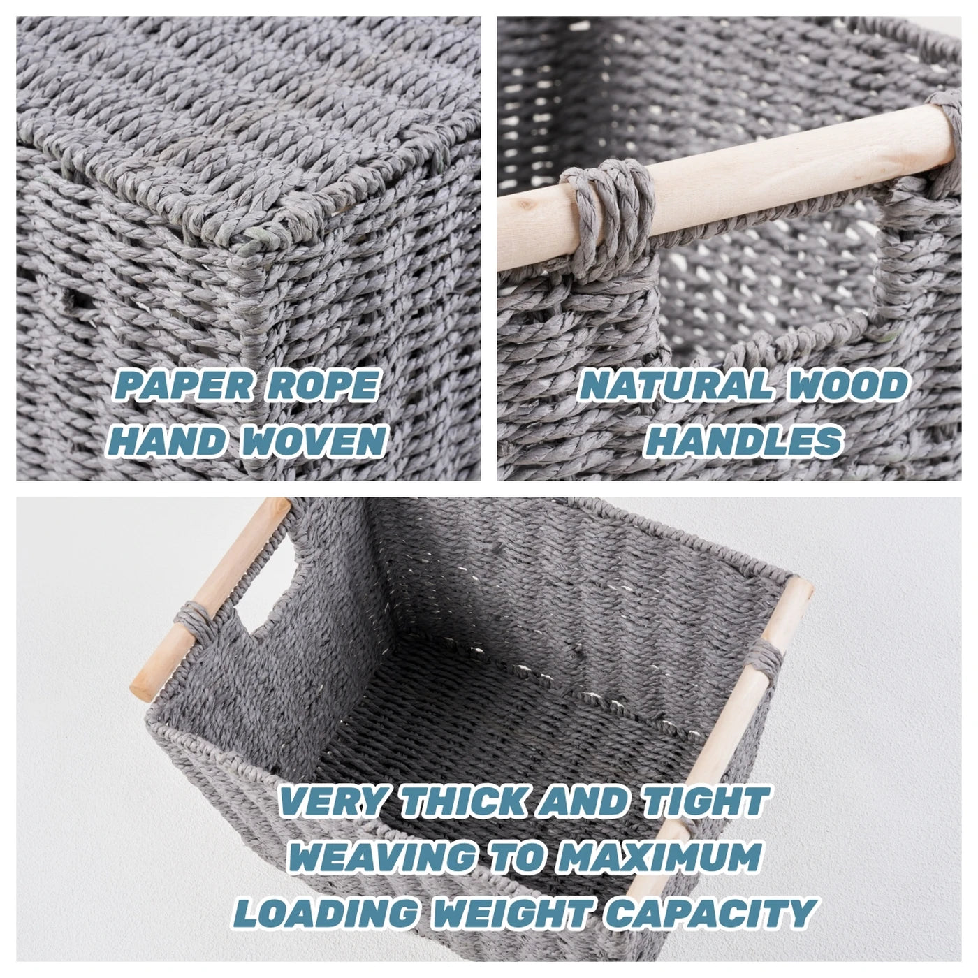 KEVAHOME : Paniers de rangement tissés à la main avec poignées en bois - Lot de 3 - Naturels et décoratifs