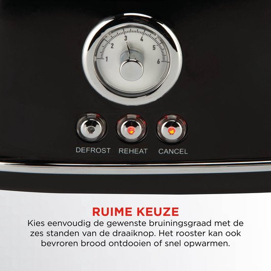 Grille-pain rétro - Grille-pain noir avec thermostat rétro - 6 niveaux de cuisson et fonction décongélation - Tiroir à miettes pratique et levage du pain extra-haut