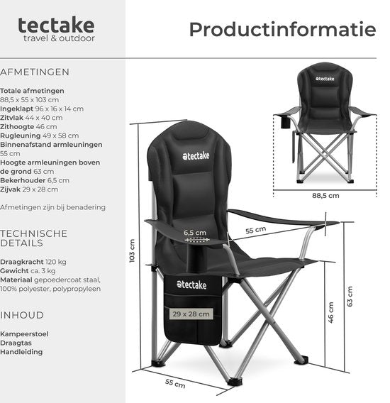 tectake® Chaise de camping - Chaise pliante - Avec porte-gobelet, compartiment de rangement et sac de transport - Chaise de luxe pour l'extérieur - Chaise Glamping