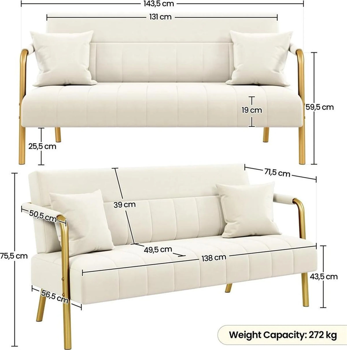 Canapé 2 places rembourré avec accoudoirs et pieds en métal, beige, 143,5 × 71,5 × 75,5 cm