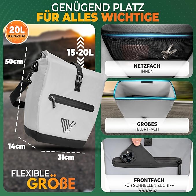 MIVELO Pannier - Imperméable & Incl. Compartiment pour ordinateur portable & Bandoulière - 20 litres - Réfléchissant