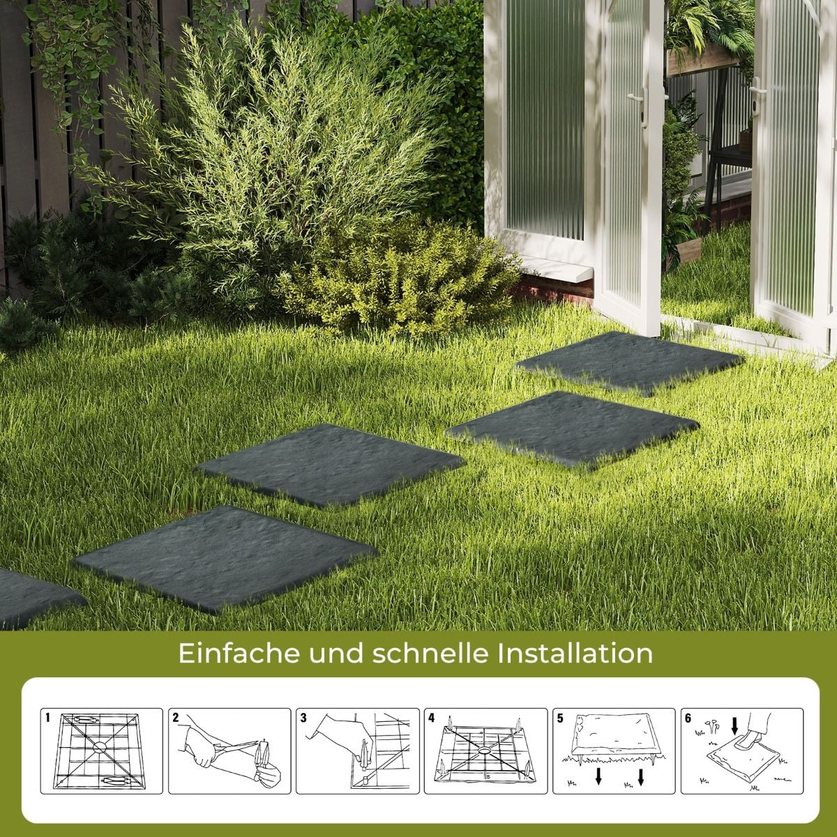 Coast Stepping Stones Grey - Lot de 8 dalles de jardin avec 32 piquets de sol - 39.5 x 39.5 cm