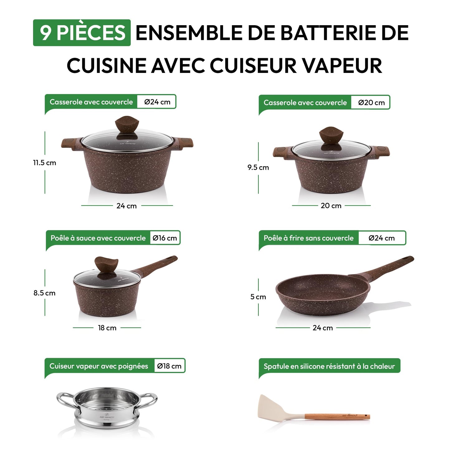 Batterie de cuisine Just Perfecto - 21 pièces - Induction - Granit - Marron