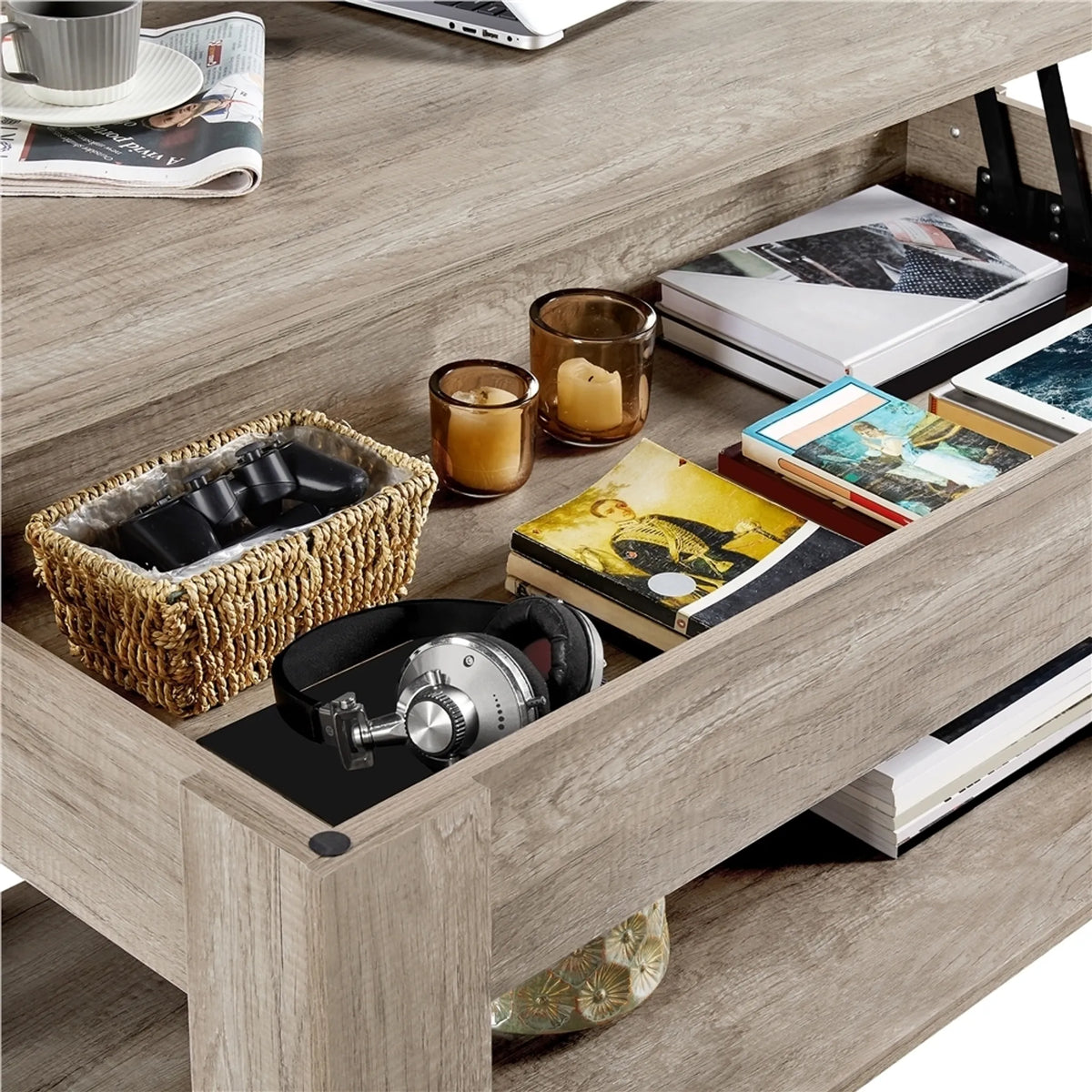 Yaheetech Table Basse avec Fonction Lift-Top - Avec Rangement Caché, Etagère Inférieure Réglable et Mécanisme à Ressort - Pour Salon et Bureau - Mdf Gris et Métal - 120 x 59 x 49.5-63.5 cm