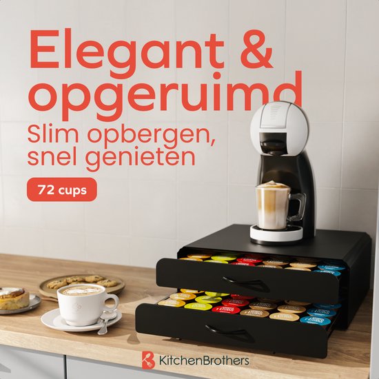 KitchenBrothers Porte-capsules - Porte-tasses à café - avec tiroir - Convient à Dolce Gusto - 72 Capsules - acier inoxydable - Noir