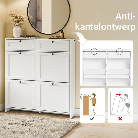 Armoire à chaussures SoBuy pour entrée, armoire à chaussures avec 2 tiroirs et 4 portes rabattables, rangement pratique pour 12 paires de chaussures, blanche, MDF E1, idéale pour les petits espaces - FSR208-W