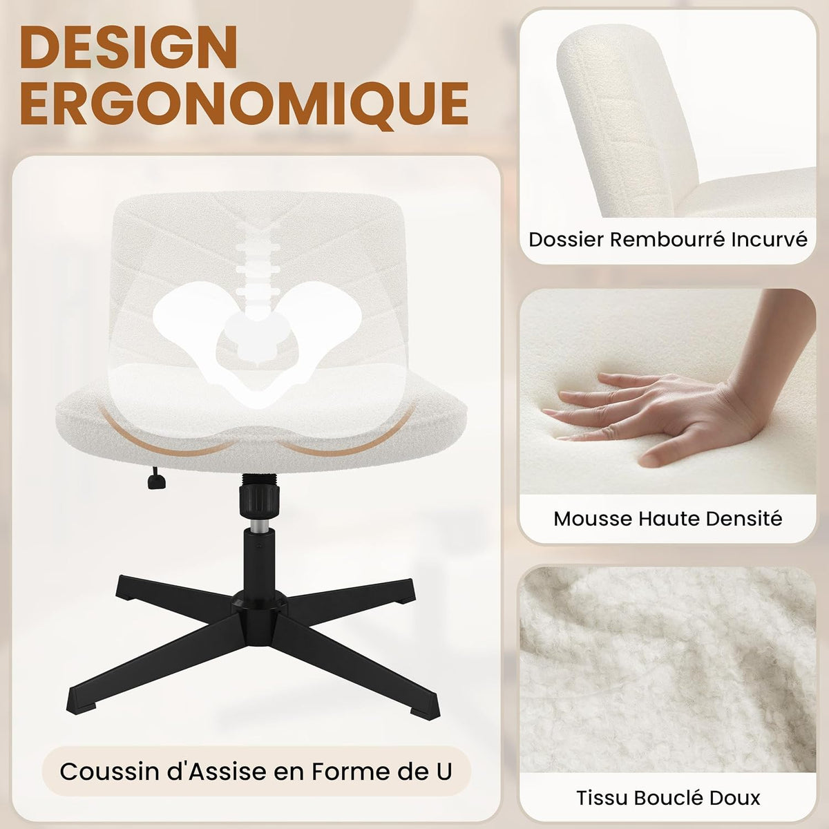 Chaise de bureau ergonomique Yaheetech - Ivoire - Bouclé - Hauteur d'assise réglable - Rotation à 360° - Piètement en croix