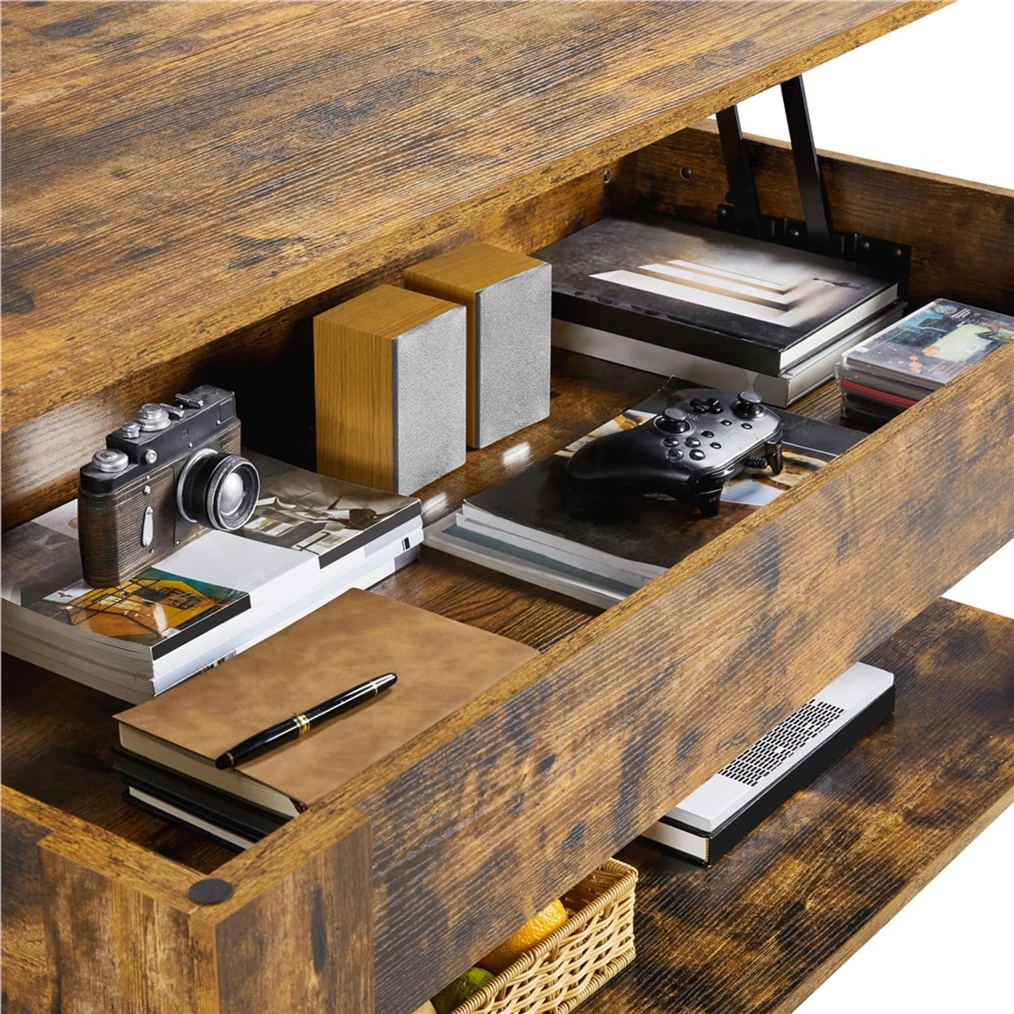 Yaheetech Table Basse avec Fonction Lift-Top - Avec Rangement Caché et Dégagement Inférieur Réglable et Mécanisme à Ressort - Pour Salon et Bureau - Mdf Marron Rouille et Métal - 120 x 59 x 49.5-62.5 cm