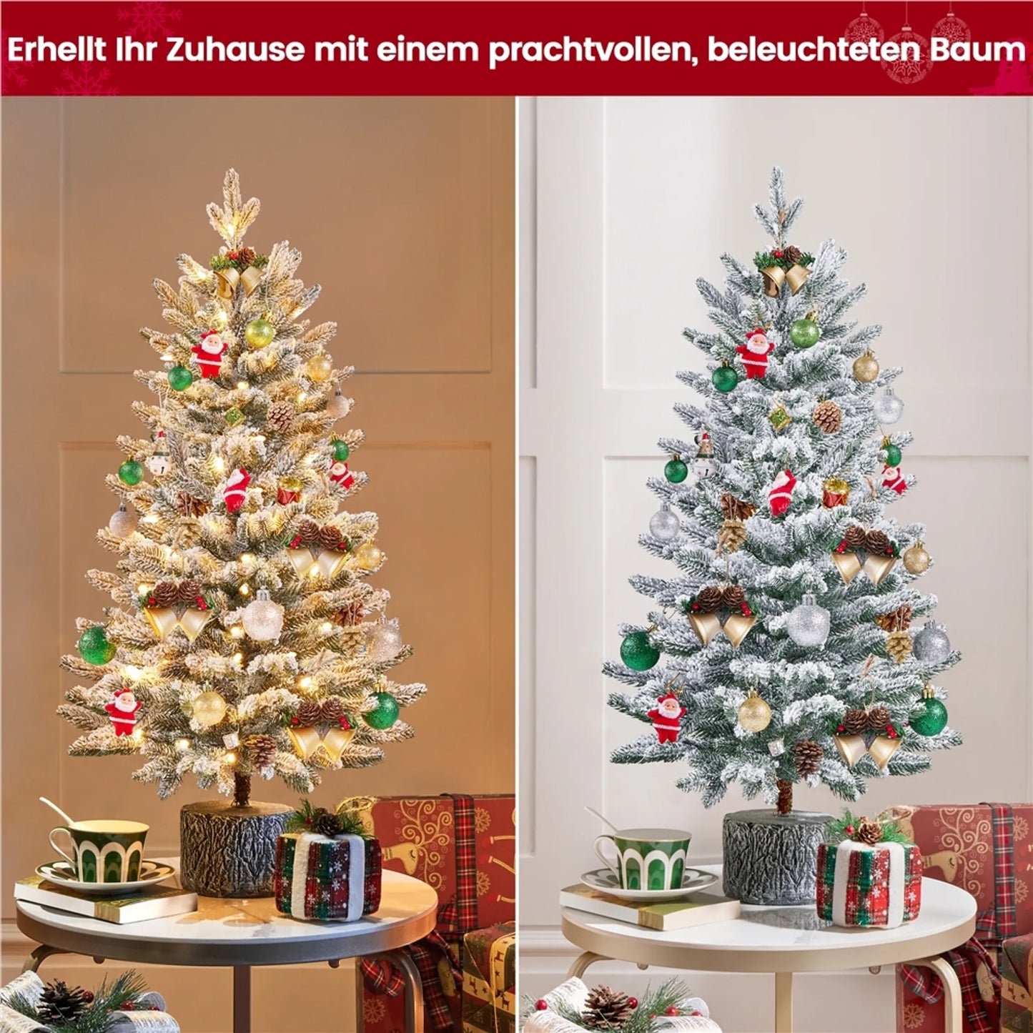 Yaheetech Sapin de Noël de table avec neige et lumières - Φ55 x 92 cm - Avec 355 branches et 50 lumières LED et un tronc réaliste - Pour rebord de fenêtre et extérieur - PVC vert et métal