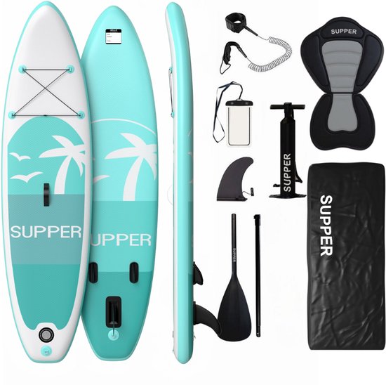 Supper Sup Board XL - Max. 220KG - Gonflable - Planche à pagaie - Étui étanche pour téléphone portable - Pompe - Aileron - Leash - Sac de transport - 335 x 81 cm - Turquoise