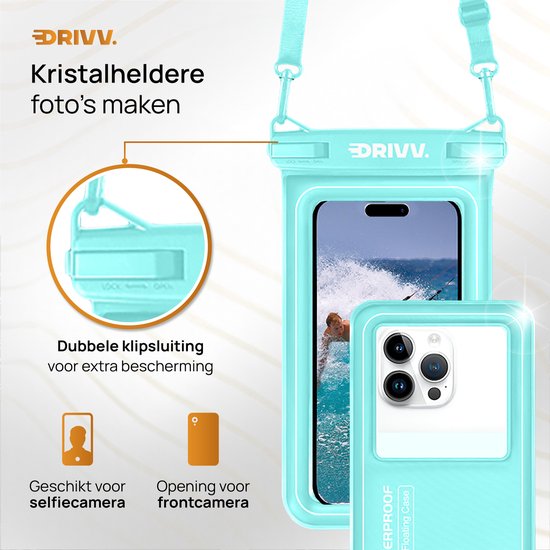 Drivv. Étui étanche de luxe pour téléphone portable - flottant - fermeture à double clip - téléphones jusqu'à 6,8 pouces - étui étanche pour téléphone portable - bleu