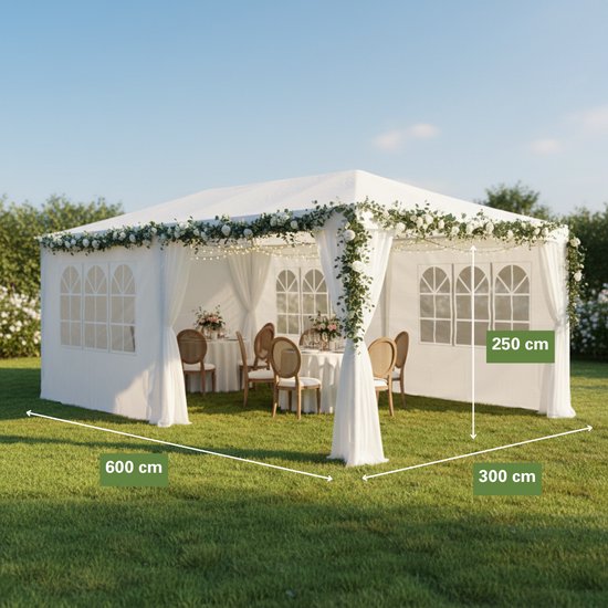 Tente de réception Kinzo 3 x 6 m - Tente-pavillon pour 70 personnes - Pavillon de jardin avec 6 parois latérales - Tente de jardin avec une hauteur au faîte de 2,5 m - Tente de réception imperméable et résistante aux UV - Blanche