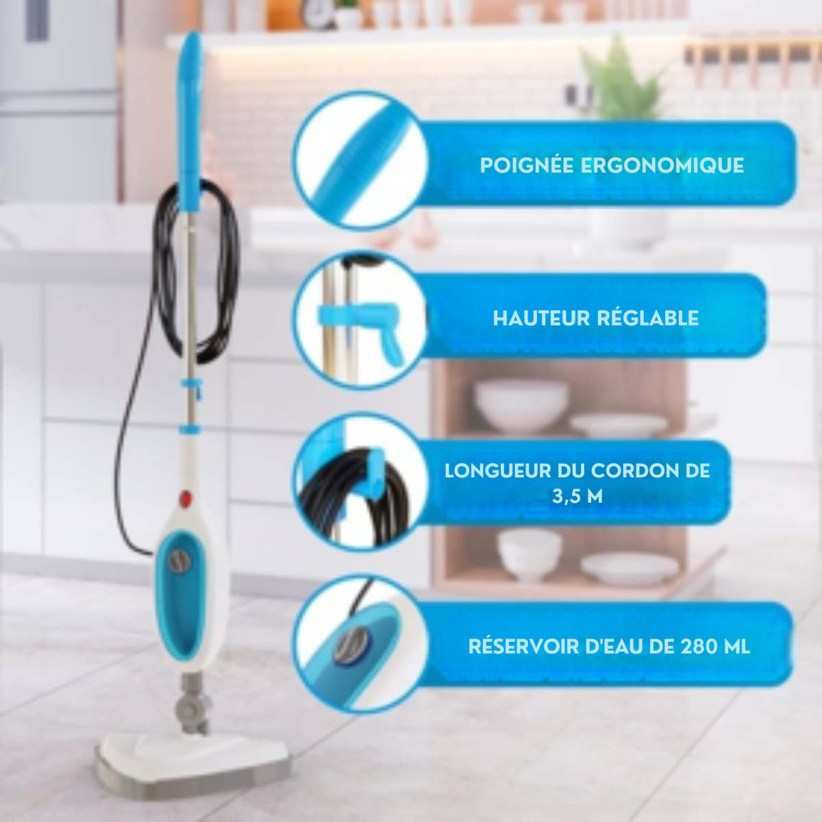 Strex Nettoyeur vapeur 12 en 1 et sèche-main – Appareil de nettoyage à la vapeur – Pour surfaces dures et textiles - Bleu et blanc