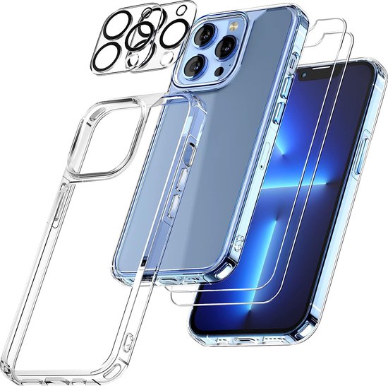 Coque Podec pour iPhone 13 Pro transparente - Lot comprenant 2 protecteurs d'écran + 2 protecteurs d'appareil photo - Coque de téléphone avec verre de protection - Coque transparente