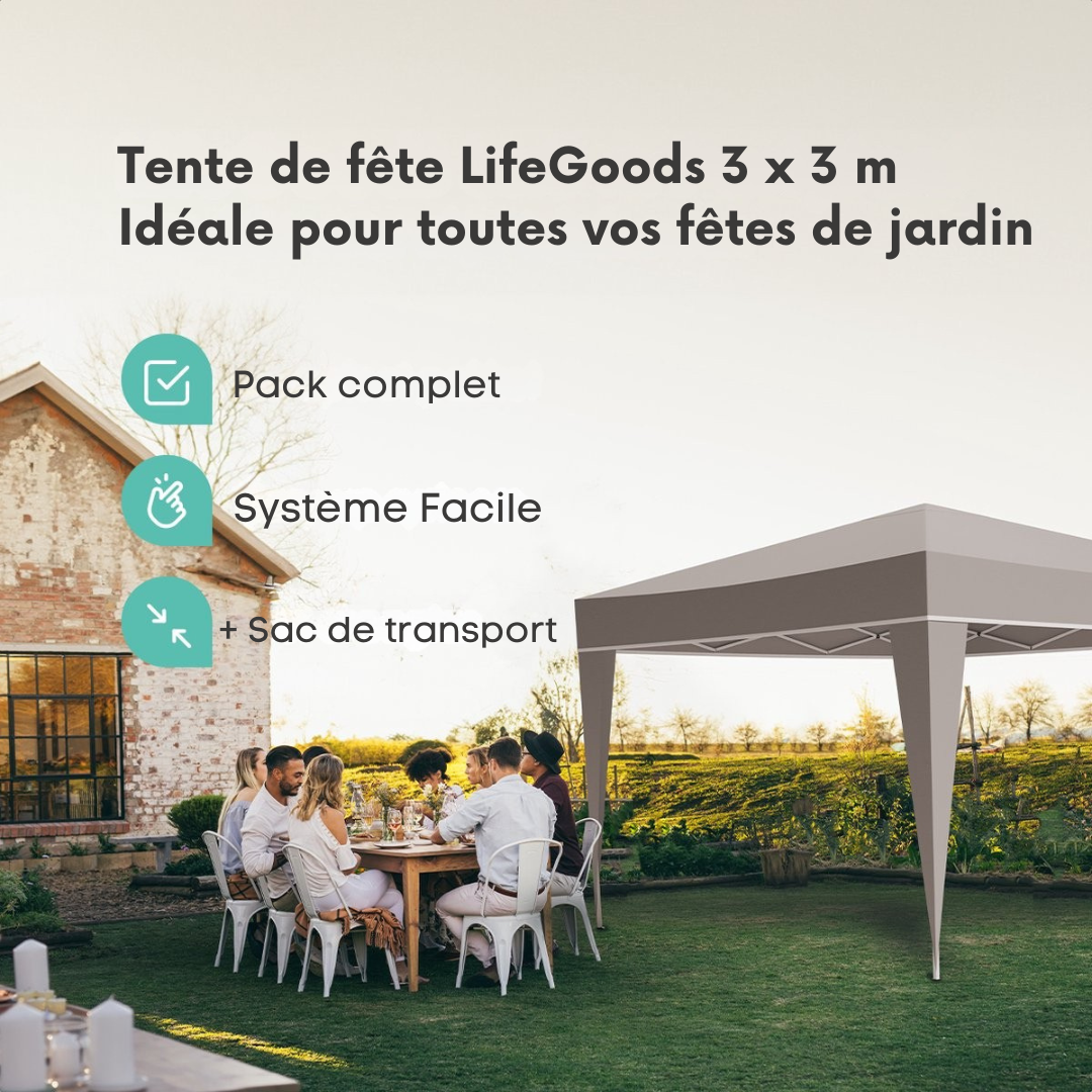 LifeGoods Party Tent - Pavillon - EasyUp - Pliable - Imperméable - Avec sac de transport - 300 x 300 cm - Beige
