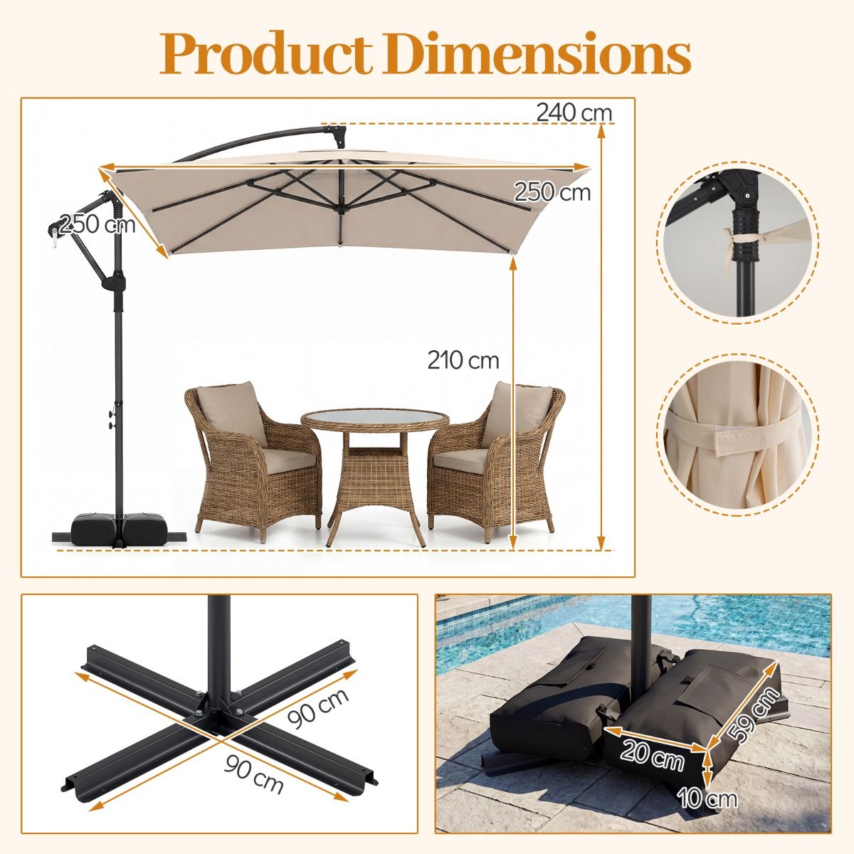 Parasol suspendu carré Coast - pivotant à 360° - mécanisme à balancier - beige 250 x 250 cm