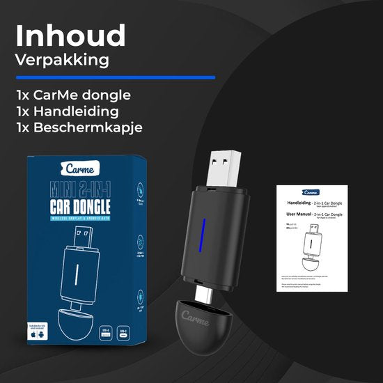CarMe Mini 2-in-1 CarPlay Dongle - USB-A & USB-C - Wireless CarPlay & Android Auto - Android Auto Dongle - Noir