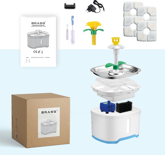 BRASQ Fontaine à boire pour chat et chien 2,5 litres - Fontaine à eau - Fontaine pour chat - Distributeur d'eau - Abreuvoir pour animaux - Blanc - Sans BPA - silencieux - Inclus 4 filtres de rechange + accessoires