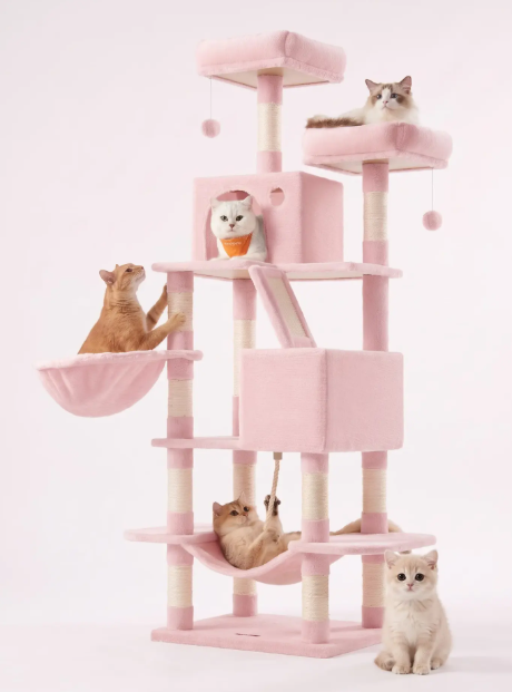 Joyfurnos L Arbre à chat 168 cm - Rose pastel - À plusieurs niveaux avec 13 poteaux à griffer et un hamac