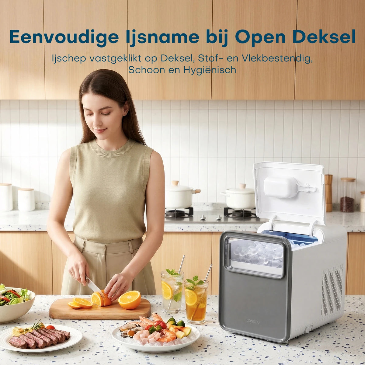 Machine à glaçons CONOPU – Autonettoyante, 9 glaçons sphériques en 6 à 8 min, 2 tailles de glaçons, 12 kg/jour, 1,5 L, silencieuse et compacte – 35 × 23 × 30 cm, bleu glacier
