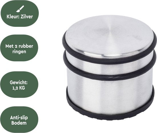 BRASQ Butoir de porte avec antidérapant en acier inoxydable 1.1 Kg - Pour l'intérieur et l'extérieur - Butoir de porte avec protection en caoutchouc Ø9 x 7.5 cm