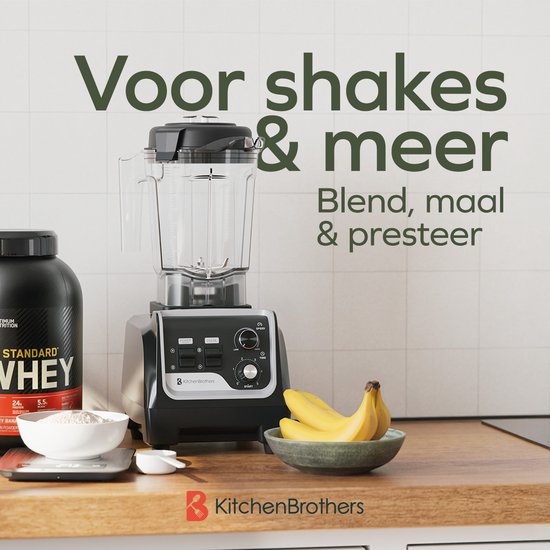 KitchenBrothers Power Blender - 1600W - 2L - Smoothie Maker - Ice Crusher - Metallic Black