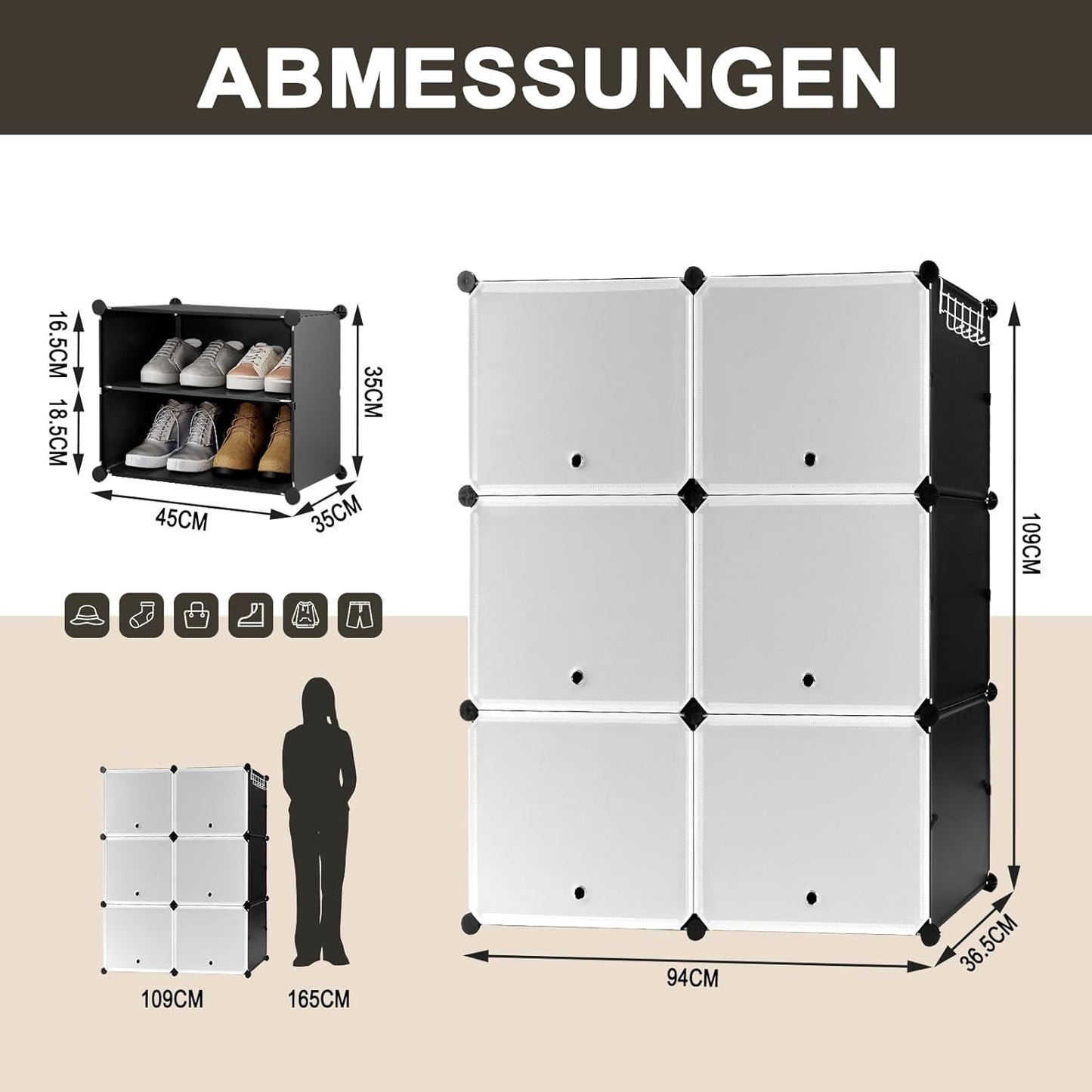 Étagère à chaussures Woltu à 6 compartiments - Meuble de rangement pour 24 paires de chaussures - Blanc/Noir - 94 x 36,5 x 109 cm