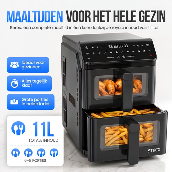 Strex Airfryer à double panier 11 L XXL, friteuse à air chaud 2 500 W - Airfryer à 2 paniers - Dual Basket - 13 programmes de cuisson - Grande friteuse à air chaud verticale pour toute la famille