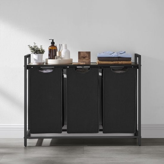 O'DADDY® Panier à linge 3 compartiments - trieur de linge - extensible avec étagère - 92.5 x 33 x 71 cm - panier à linge - 168 L divisé en 3 poches - paniers à linge - panier à linge métal noir - bois brun