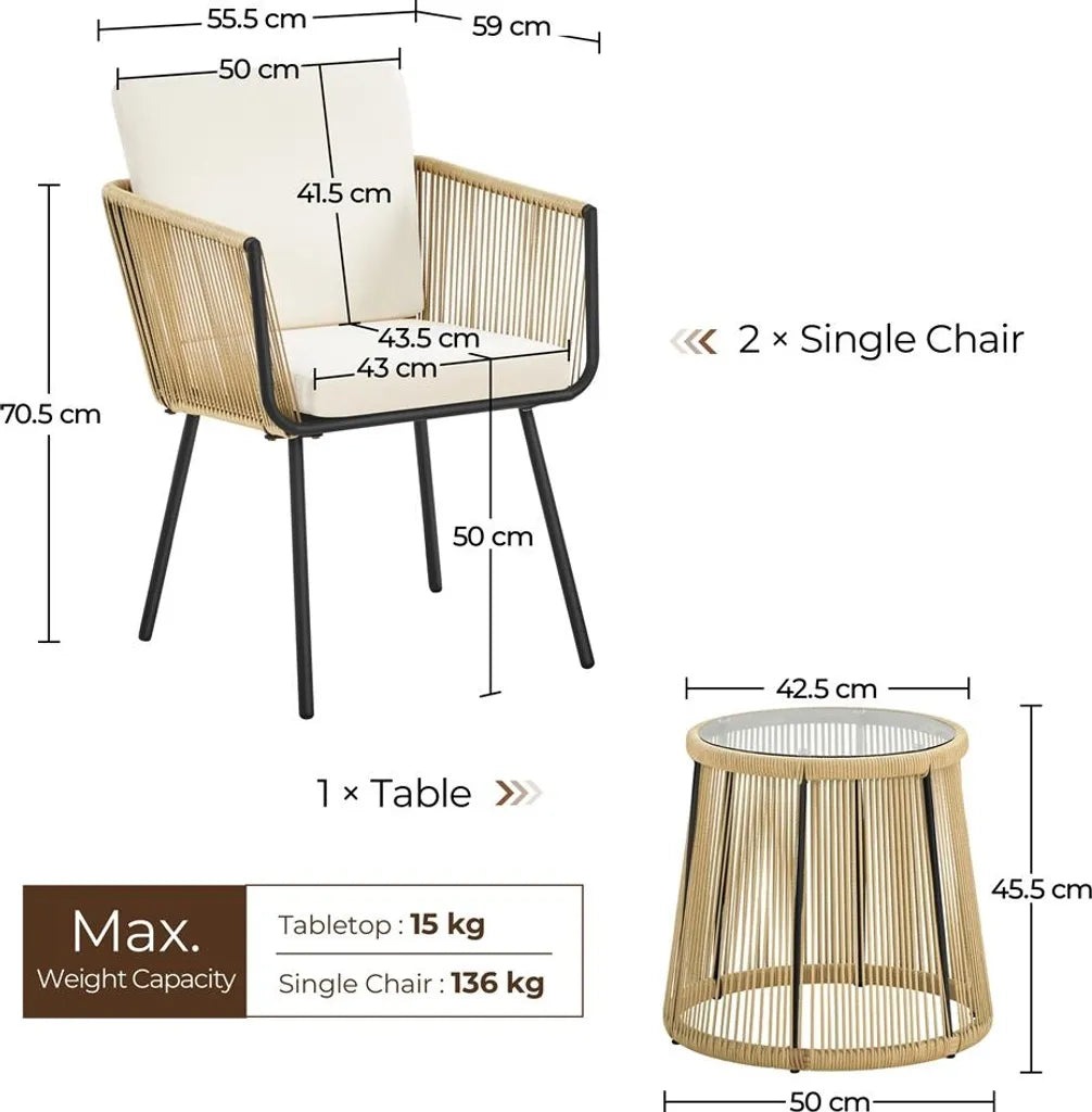 Ensemble de mobilier de jardin Yaheetech 3 pièces - Marron clair/Blanc crème - Ensemble de balcon en polyrotin avec table d'appoint ronde et coussins d'assise et de dossier