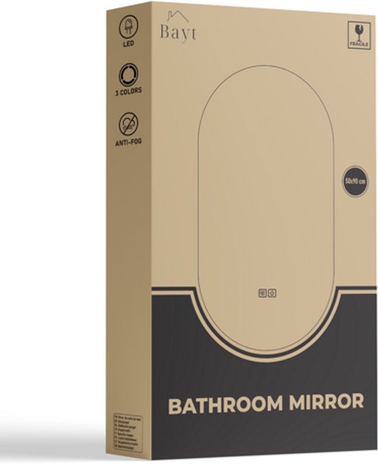 Bayt Miroir de salle de bain - Miroir de salle de bain avec éclairage - Miroir ovale - Miroir mural - 2 niveaux d'éclairage - Anti-buée - 50 x 90 cm
