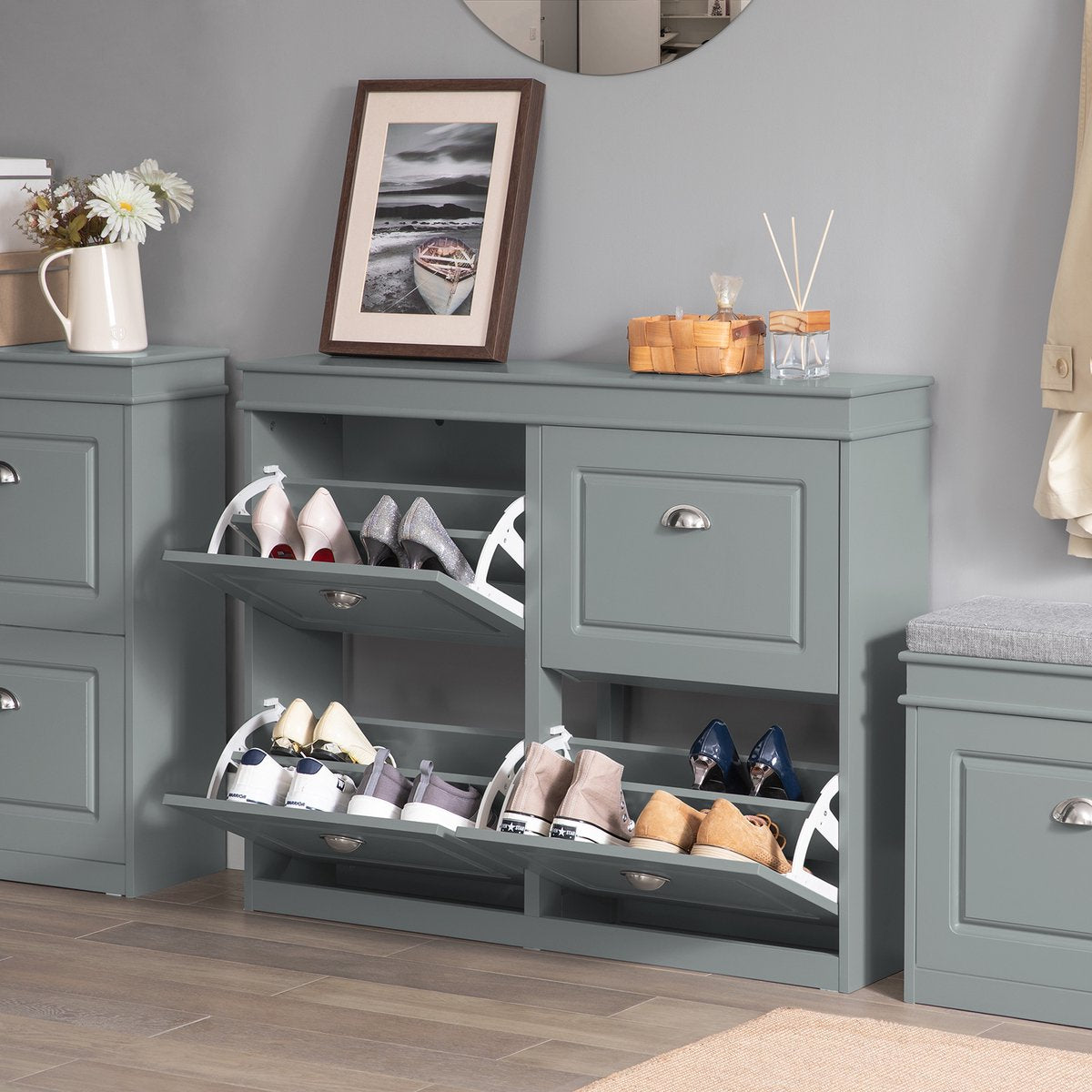 SoBuy FSR79-HG Meuble à chaussures avec 4 abattants - Meuble à chaussures avec 8 étagères - Meuble à chaussures peu encombrant pour couloir - MDF gris - 105x83x24cm