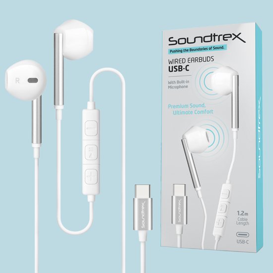 Soundtrex Écouteurs avec fil USB-C - Écouteurs filaires avec microphone - Adaptés aux smartphones et aux tablettes - Blancs
