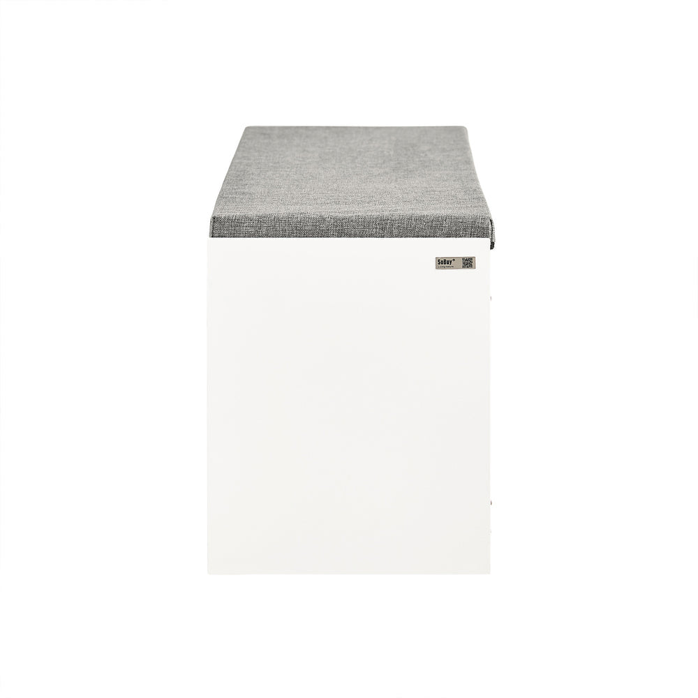 SoBuy FSR133-W Meuble à chaussures Meuble à chaussures Meuble d'entrée Meuble de rangement bas Meuble de rangement Meuble de rangement avec 1 coussin rembourré et 3 portes-fenêtres