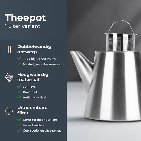 Théière Castagnola avec filtre - Théière à double paroi - Thermos en acier inoxydable - Pichet isotherme 1 L - acier inoxydable - Argent brossé