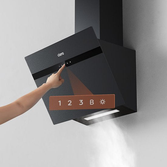 CIARRA CBCG6736H-G Hotte aspirante inclinée 60 cm, noire – Verre dépoli anti-traces de doigts – Avec Wi-Fi – Jeu de filtres à charbon inclus – 650 m³ – Classe énergétique A+++