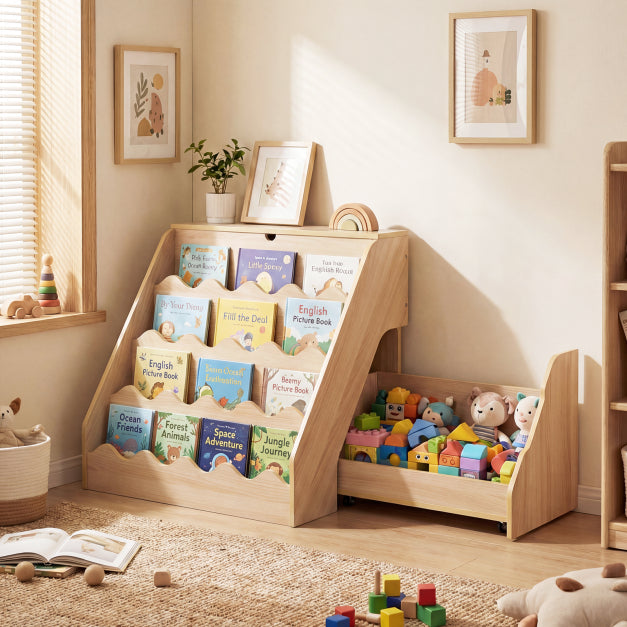 Bibliothèque pour enfants Coast avec bac de rangement sur roulettes – 63 x 49 x 61,5 cm – Naturel