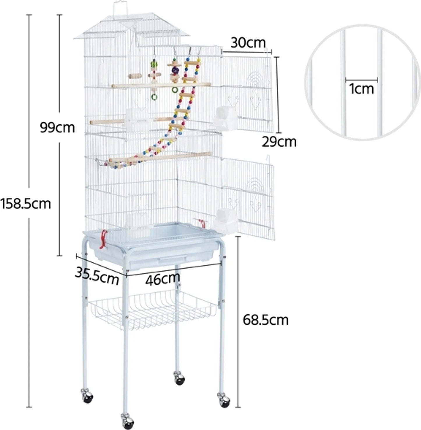 Yaheetech Cage à oiseaux avec base mobile - équipée de barreaux de 10 mm, d'un tiroir inférieur amovible et d'un ensemble de jouets - pour perruches et canaris - métal peint en blanc - 46 x 35,5 x 158,5 cm