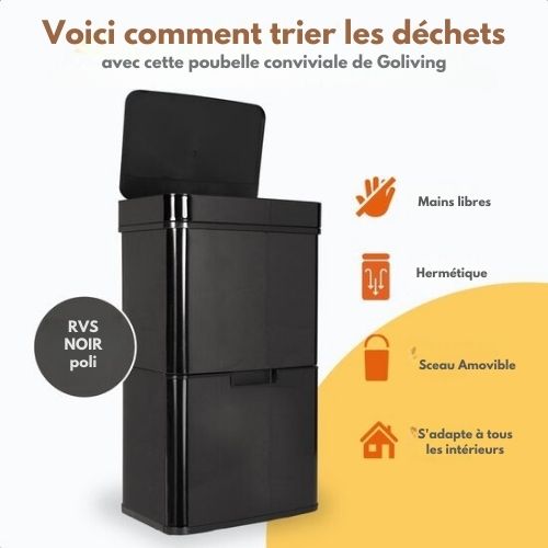 Poubelle automatique, Goliving, 64 litres, Séparation des déchets, Détecteur mains libres, Acier inoxydable, Noir