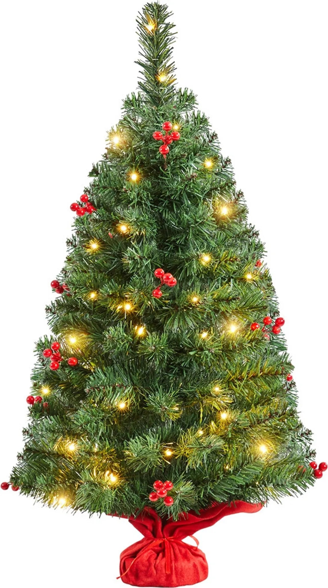 Yaheetech Sapin de Noël de table avec lumières - 48 x 48 x 90 cm - équipé de 50 lumières LED et de 60 baies rouges et d'une base en béton avec tissu rouge - pour le buffet et le bureau - PVC vert et béton