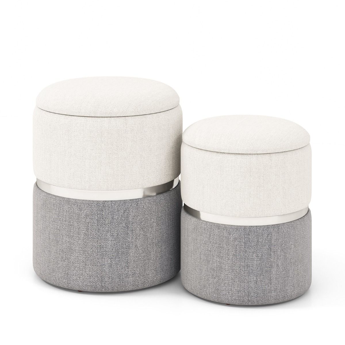 Ensemble de poufs de rangement Coast - lot de 2 poufs ronds - tissu en lin - anneau décoratif argenté - beige et gris