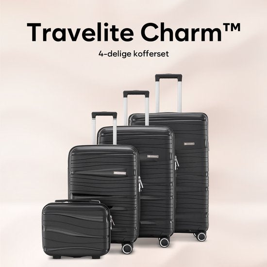 SKYCASES Travelin' Charm 4-Piece Trolley Set - Hand Luggage & Check-in Suitcases - 32L/60L/98L - Number Lock - 360° Noiseless Wheels - Lightweight & Sturdy - Modern Design - Black V2